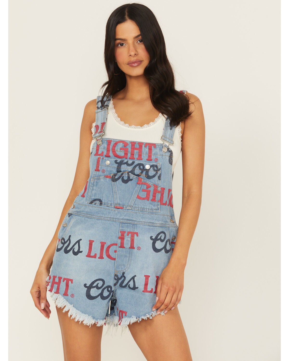 The Laundry Room Women's Medium Wash Coors Light Logo Print Denim Shortalls, Medium Wash, hi-res