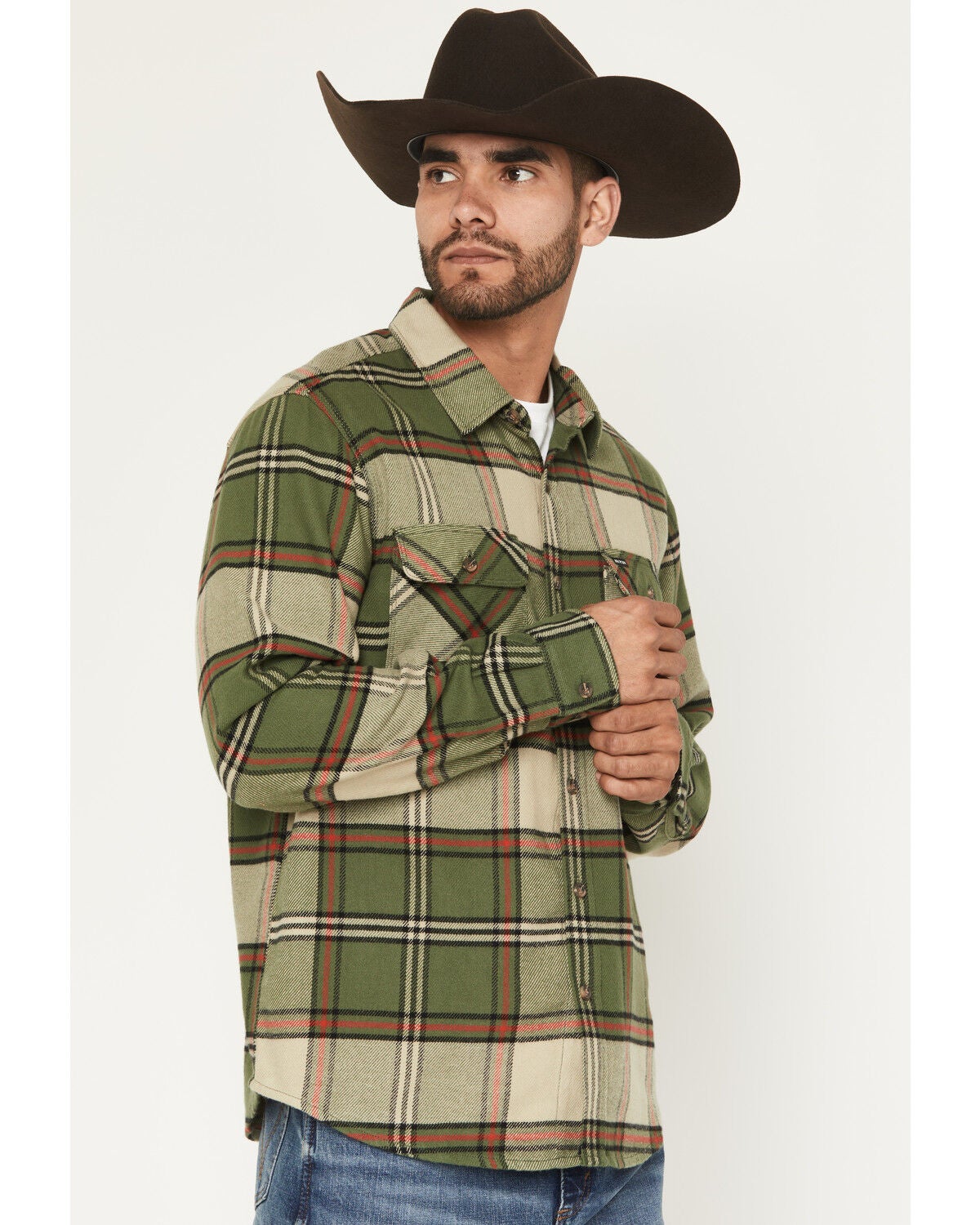 Brixton Men's Bowery Long Sleeve Button-Down Flannel Shirt, Tan, hi-res