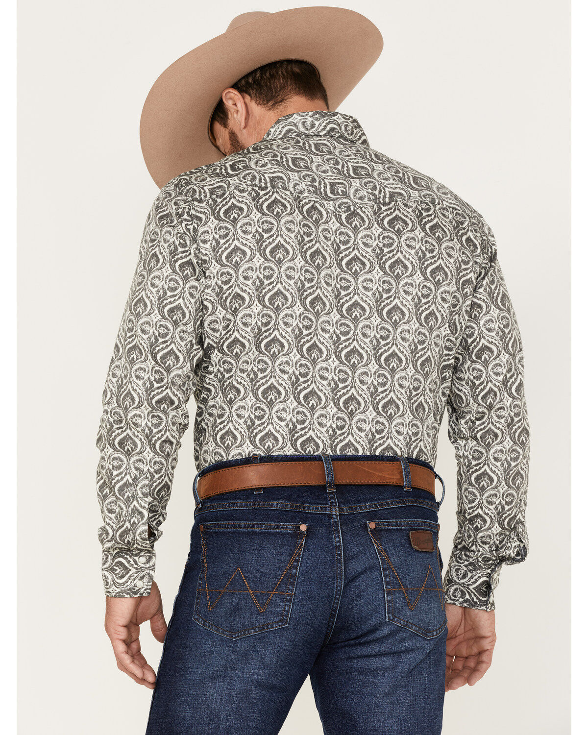 Image #4 - Wrangler Retro Premium Men's All-Over Spade Print Long Sleeve Snap Western Shirt, Grey, hi-res