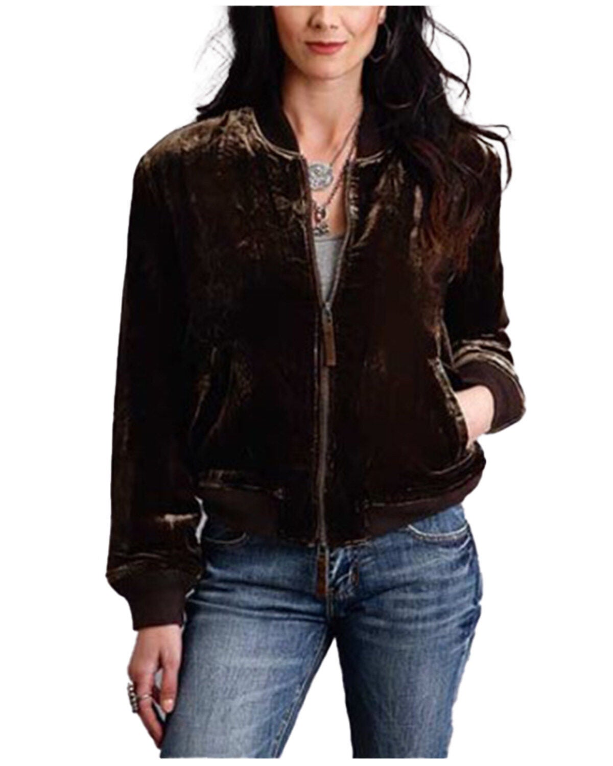 Stetson Women's Velvet Bomber Jacket, Brown, hi-res