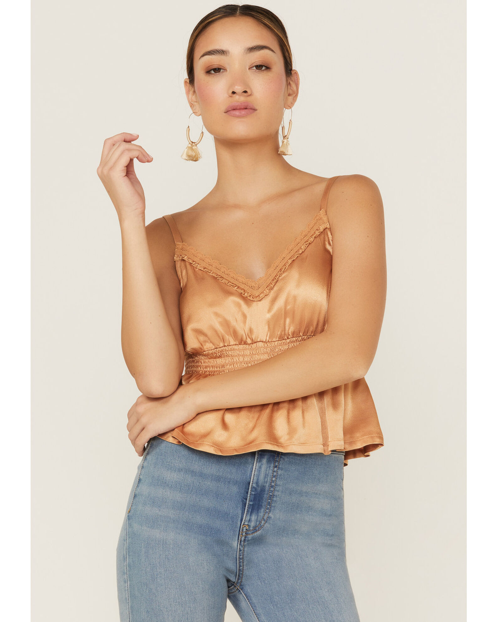 Women s Shyanne Smocked Empire Beige Satin Cami