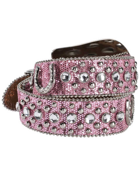 Image #2 - Nocona Belt Co. Kid's Pink Glitter Horseshoe Belt, Pink, hi-res