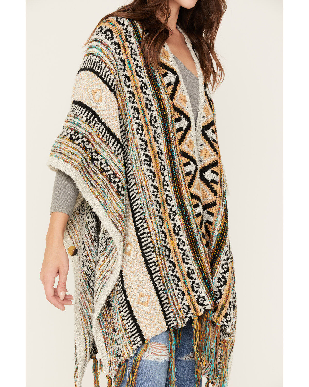 Image #3 - Shyanne Women's Southwestern Print Fringe Sweater Shawl, Sand, hi-res