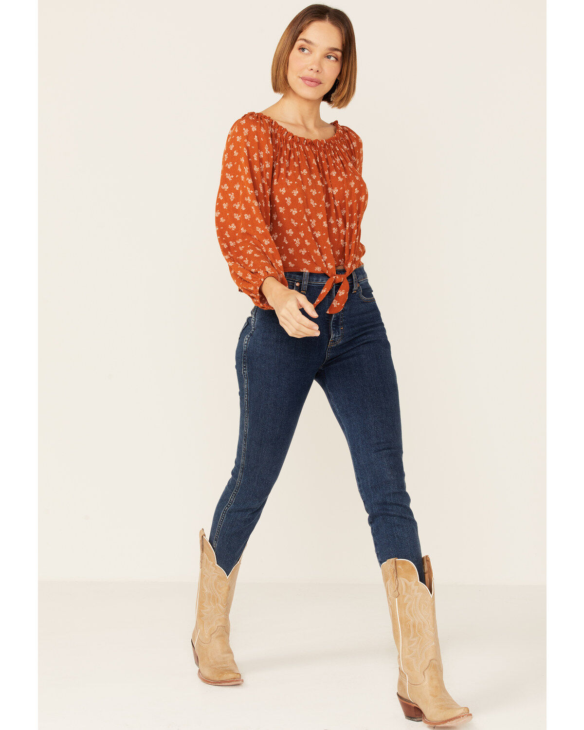 Image #4 - Wild Moss Women's Floral Off The Shoulder Tie-Front Top, Rust Copper, hi-res
