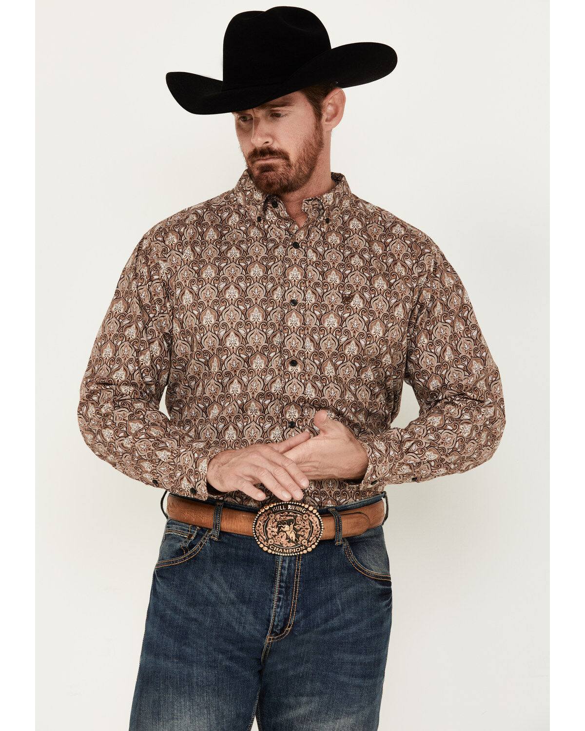 Image #1 - Ariat Men's Boot Barn Exclusive Sweeney Paisley-Esque Print Long Sleeve Button-Down Western Shirt, Brown, hi-res