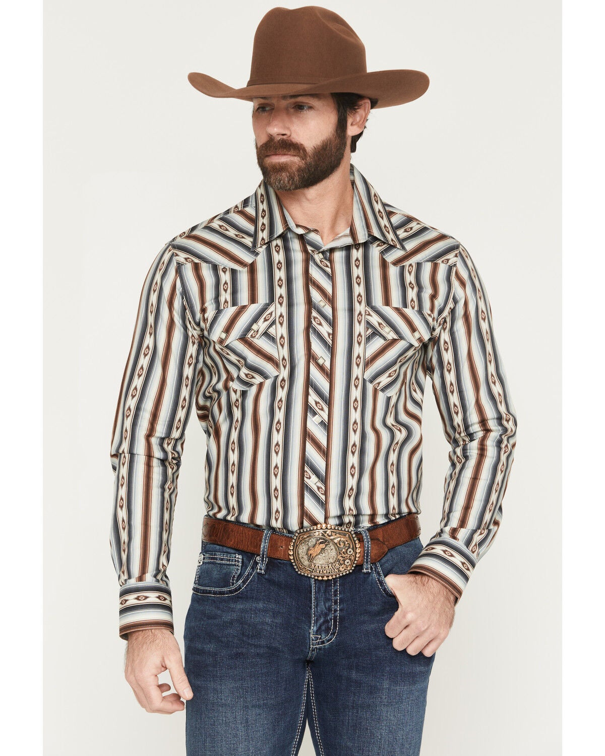 Rock & Roll Denim Men's Dale Brisby Southwestern Stripe Print Long Sleeve Snap Stretch Western Shirt, Dark Brown, hi-res