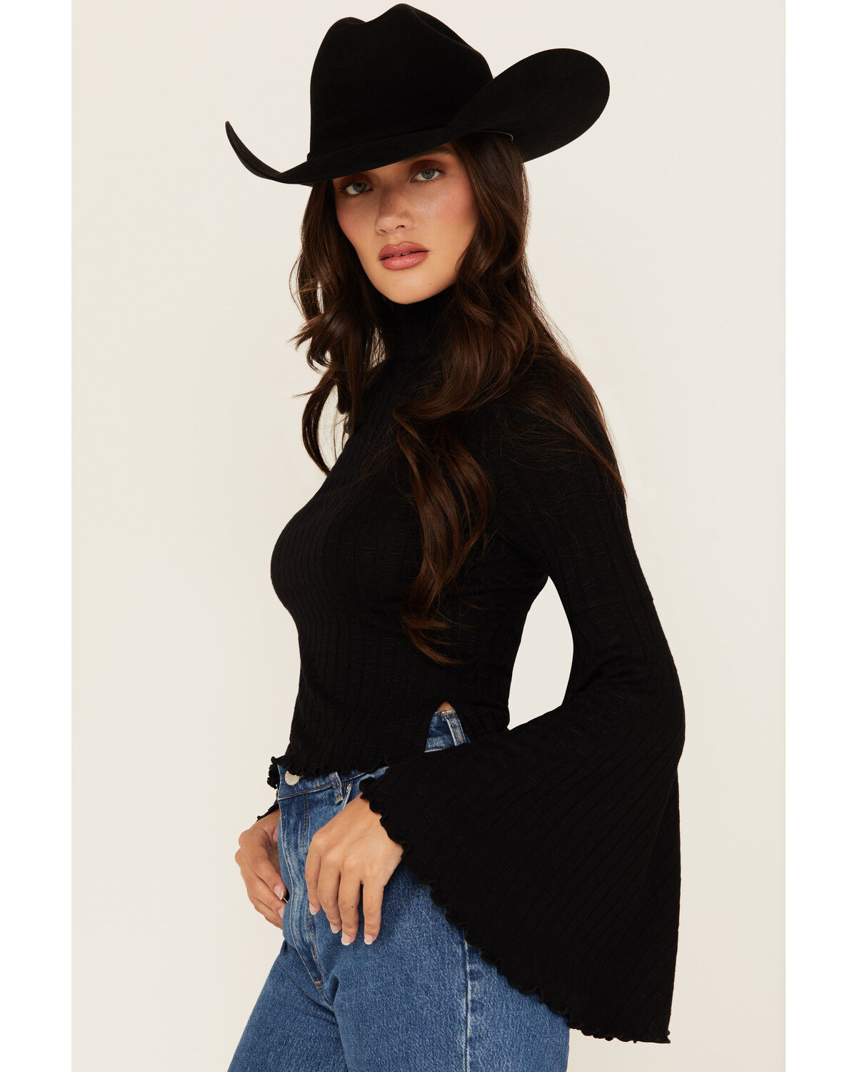 Image #2 - Shyanne Women's Mock Neck Long Bell Sleeve Top, Black, hi-res