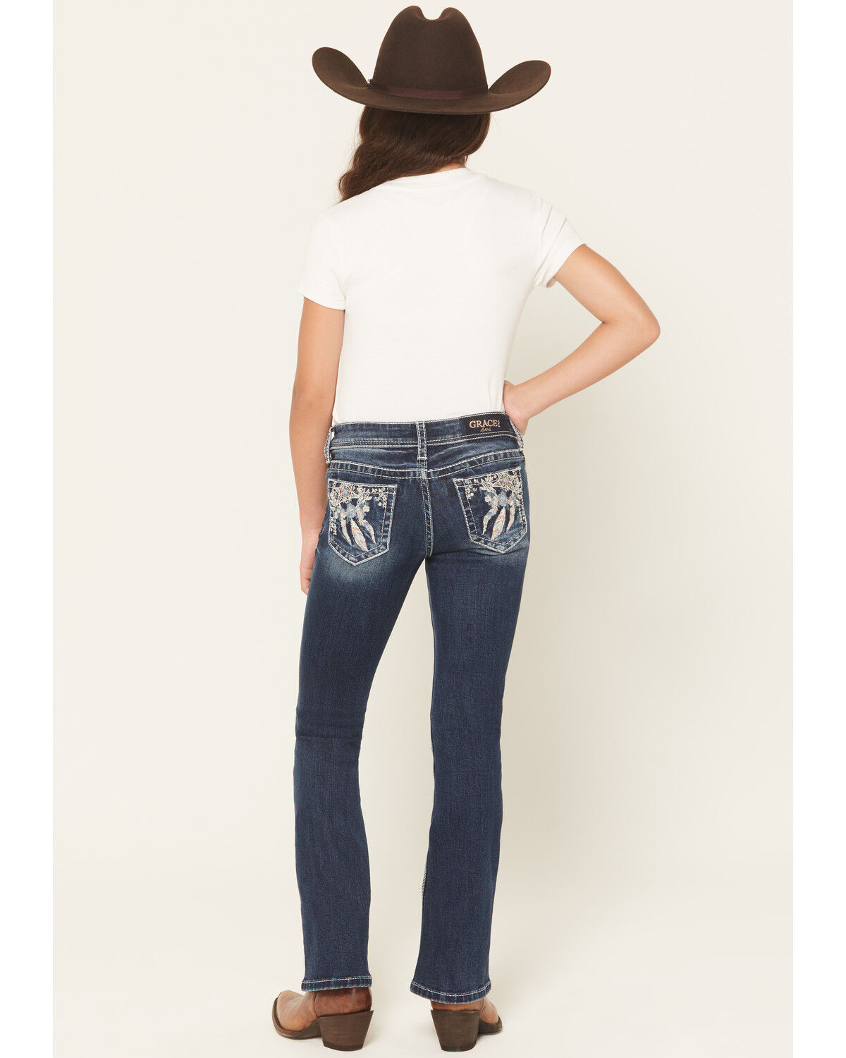 Image #1 - Grace in LA Girls' Dark Wash Dreamcatcher Pocket Bootcut Stretch Denim Jeans, Dark Wash, hi-res
