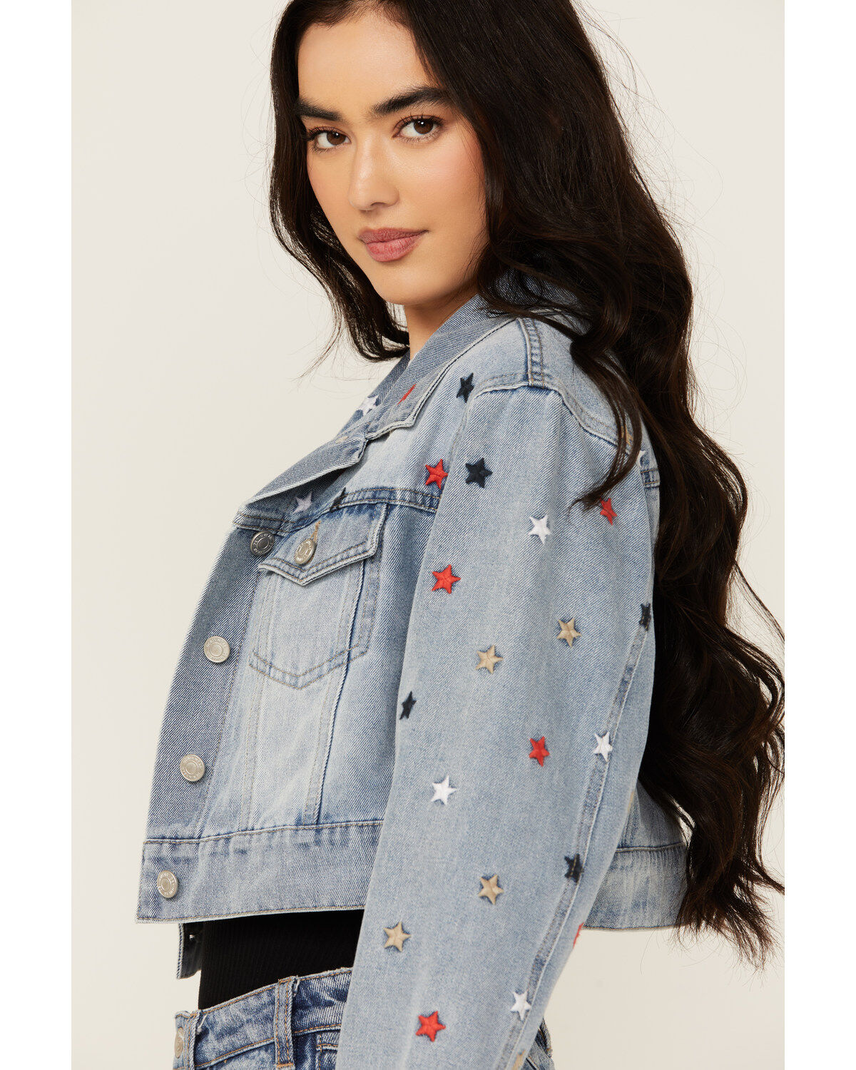 Product Name:  Stoosh Women's Medium Wash Star Embroidered Cropped Denim Jacket