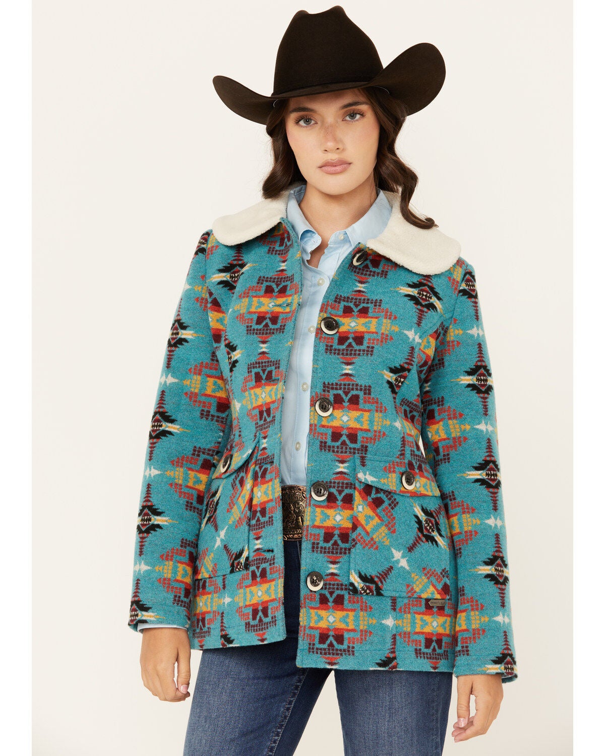 Panhandle Women's Southwestern Print Button-Down Jacket, Blue, hi-res
