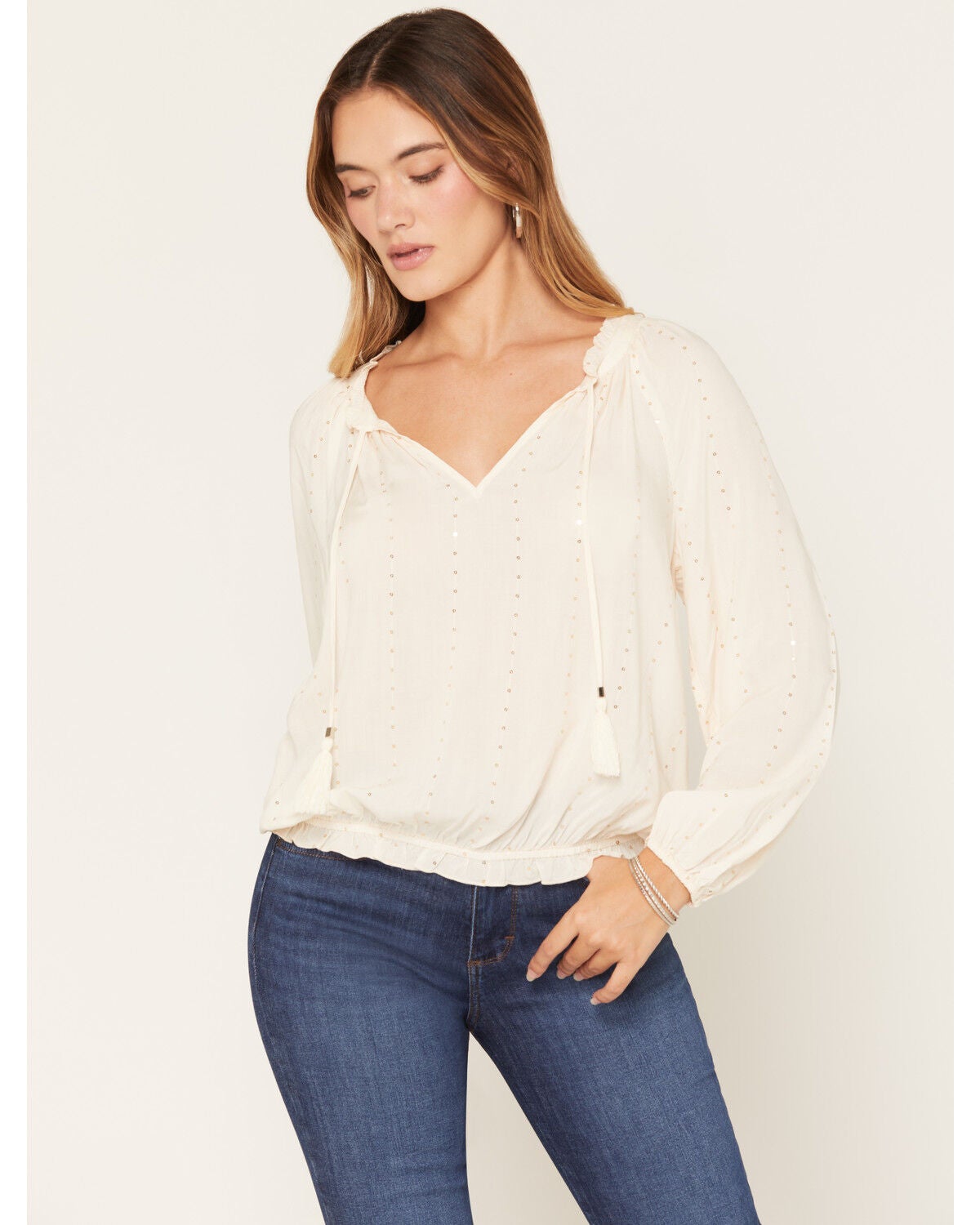 Lovestitch Women's Long Sleeve Sequins Peasant Top, Ivory, hi-res