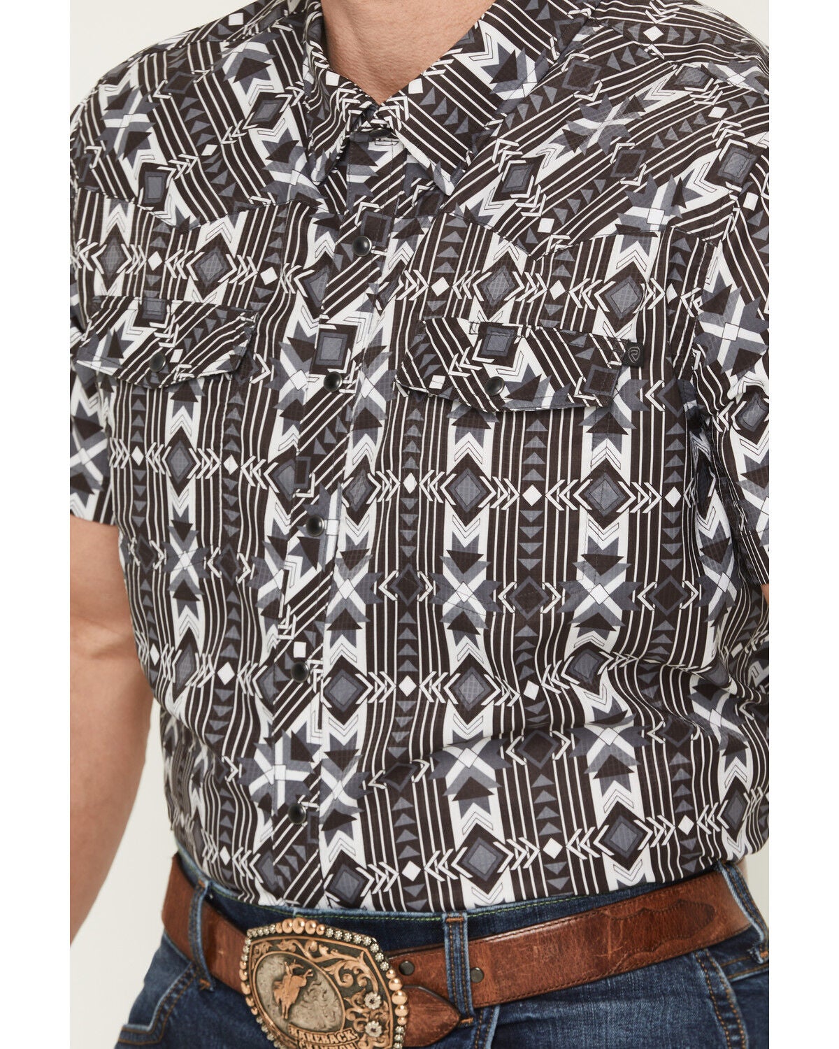 Image #3 - Rock & Roll Denim Men's Southwestern Print Short Sleeve Snap Stretch Western Shirt, Black, hi-res