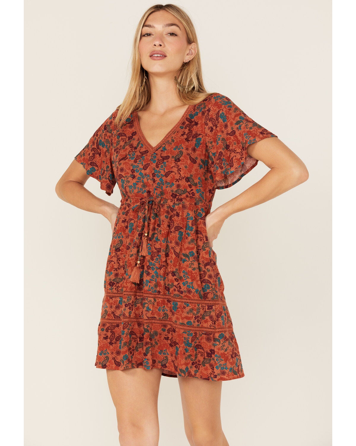 Idyllwind Women's Blossom Court Short Sleeve Mini Dress, Pecan, hi-res
