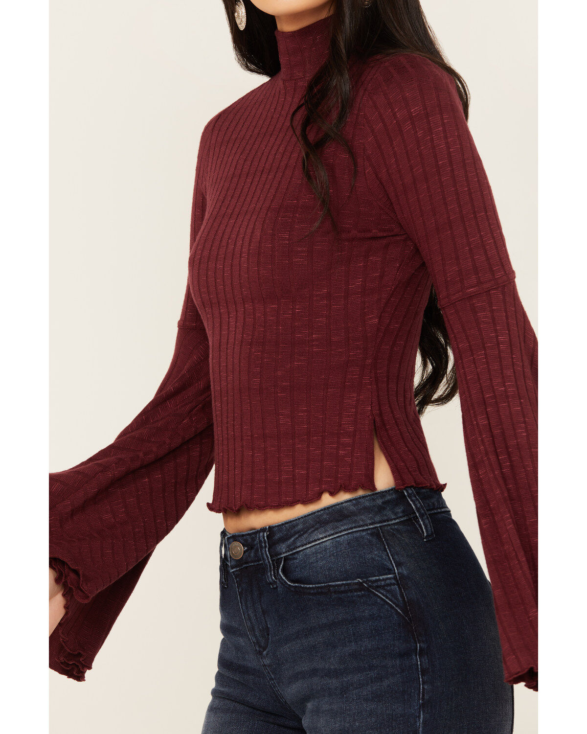 Image #3 - Shyanne Women's Rib Knit Mock Neck Bell Sleeve Top, Maroon, hi-res