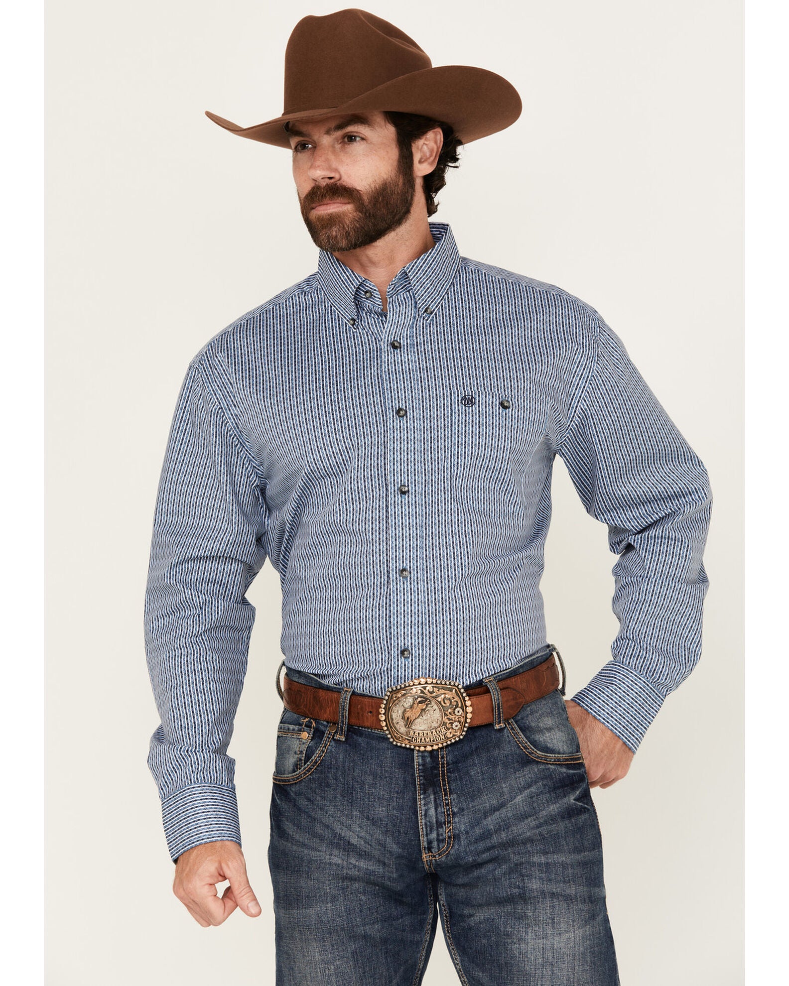 Wrangler Men's Brown Striped Long Sleeve Button-Down Shirt - 98% Cotton, 2% Elastane, Relaxed Fit