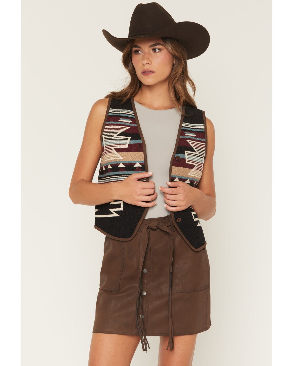 Shyanne Women's Simon Southwestern Print Reversible Button-Down Vest, Khaki, hi-res