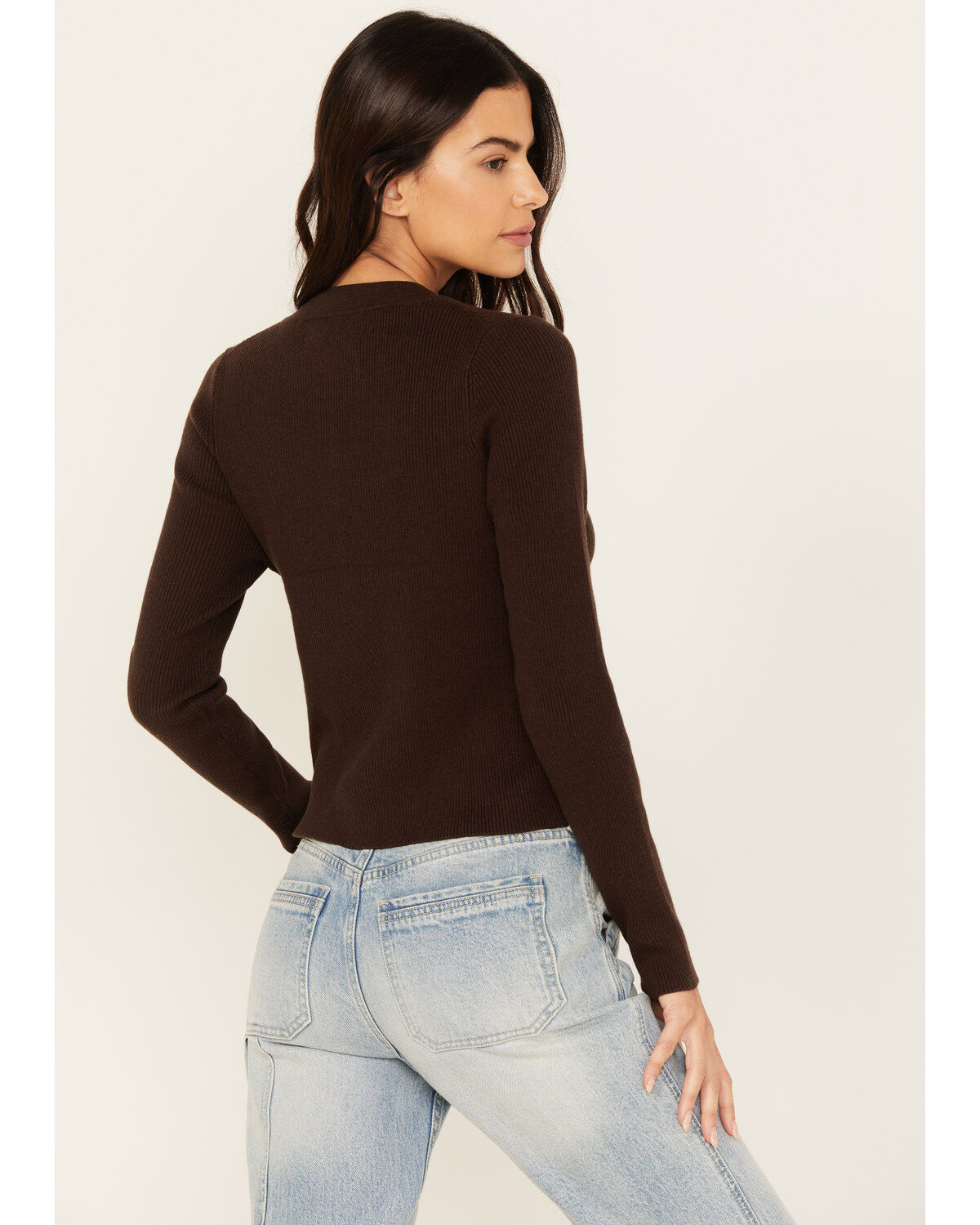 Image #4 - Cleo + Wolf Women's Ribbed Henley Sweater, Chocolate, hi-res