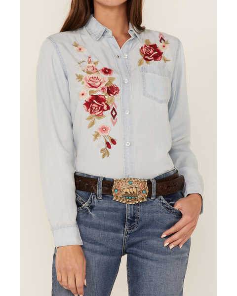 Stetson Women's Floral Embroidered Denim Long Sleeve Button Front Shirt , Blue, hi-res