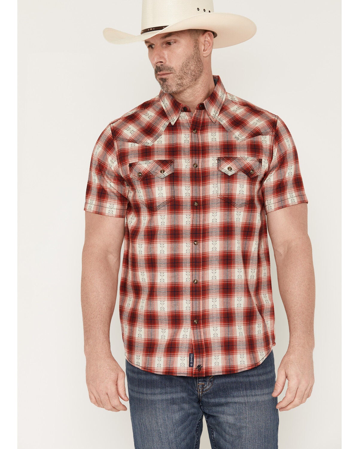 Moonshine Spirit&reg; Men's Deep Red Dobby Plaid Print Short Sleeve Snap Western Shirt, Red, hi-res