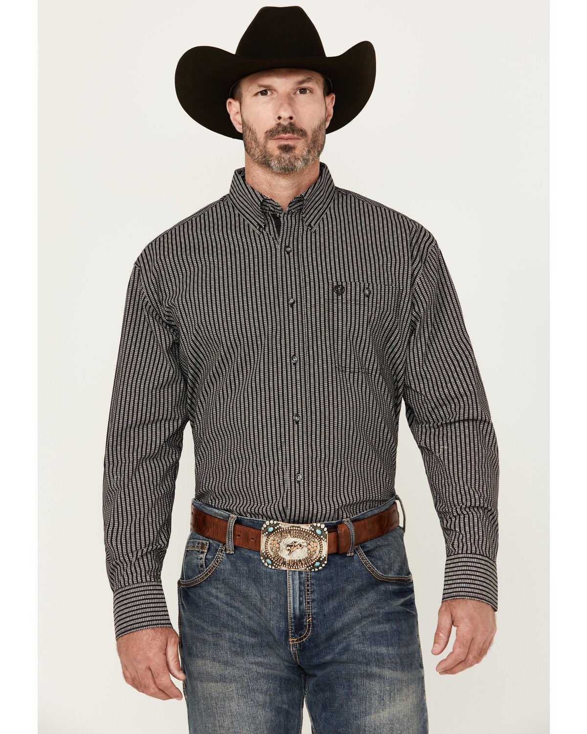 George Strait by Wrangler Geo Print Long Sleeve Button-Down Stretch Western Shirt, Black, hi-res