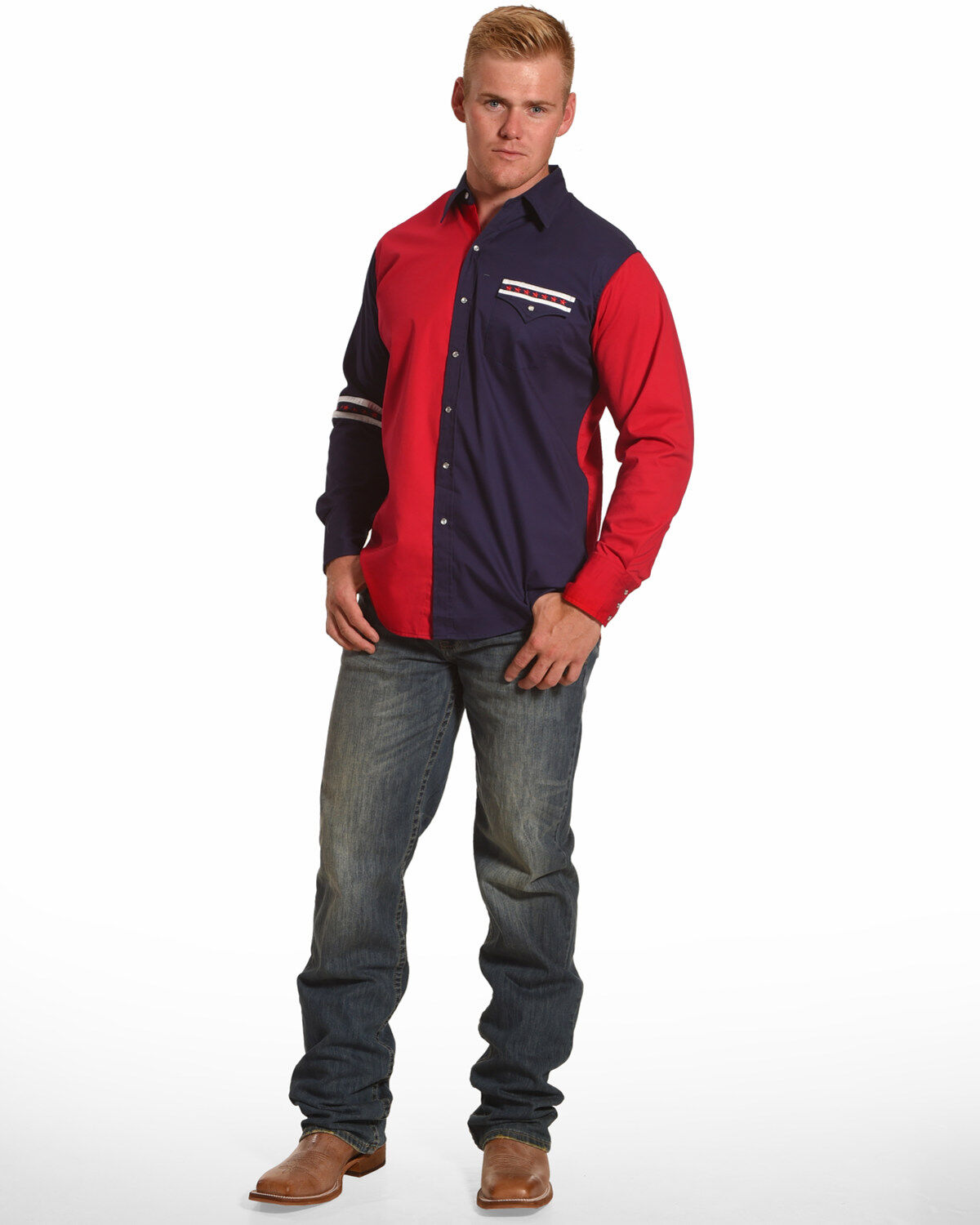 Image #4 - Ely Walker Men's Americana Colorblock Long Sleeve Western Shirt, Blue, hi-res