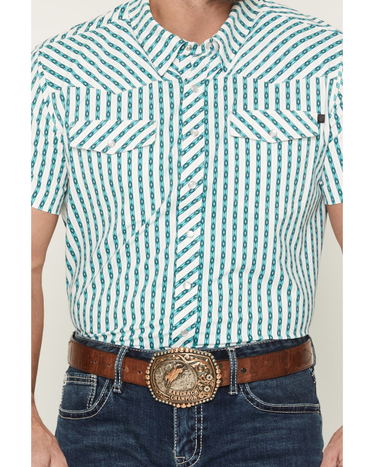 Image #3 - Rock & Roll Denim Men's TEK Core Southwestern Striped Short Sleeve Stretch Western Shirt, Turquoise, hi-res