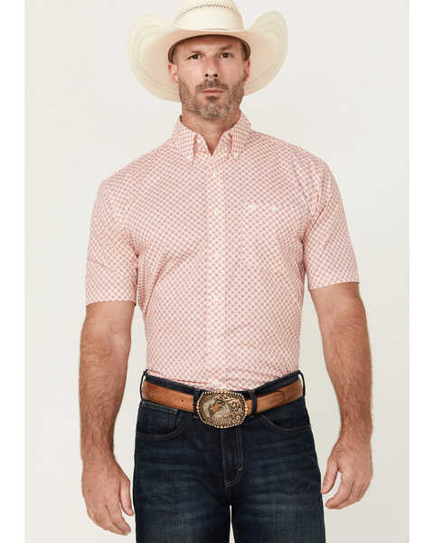 Wrangler Men's Classic Medallion Print Short Sleeve Button-Down Western Shirt , Orange, hi-res