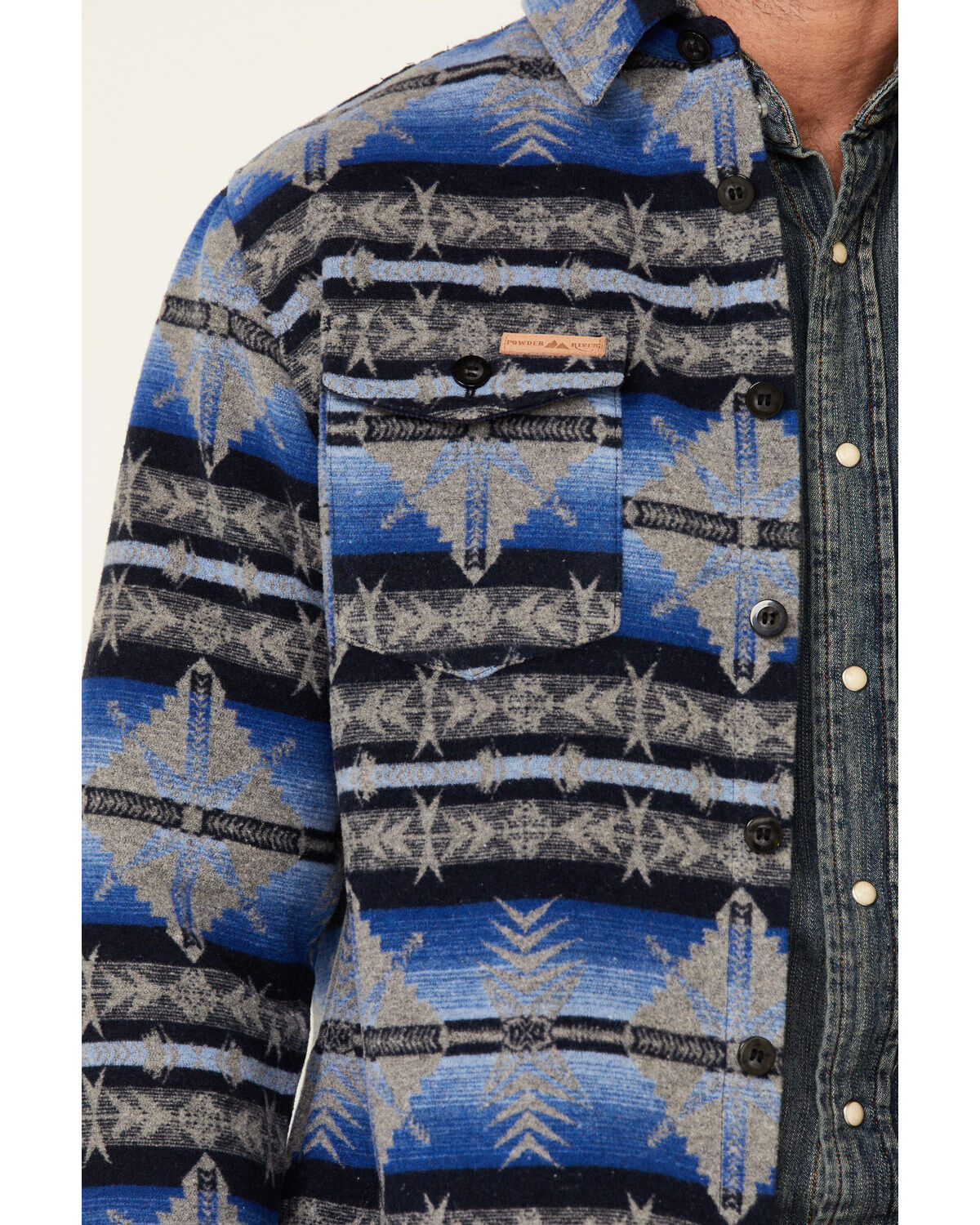Image #3 - Powder River Outfitters Men's Blue Southwestern Print Button-Front Wool Shirt Jacket, Blue, hi-res