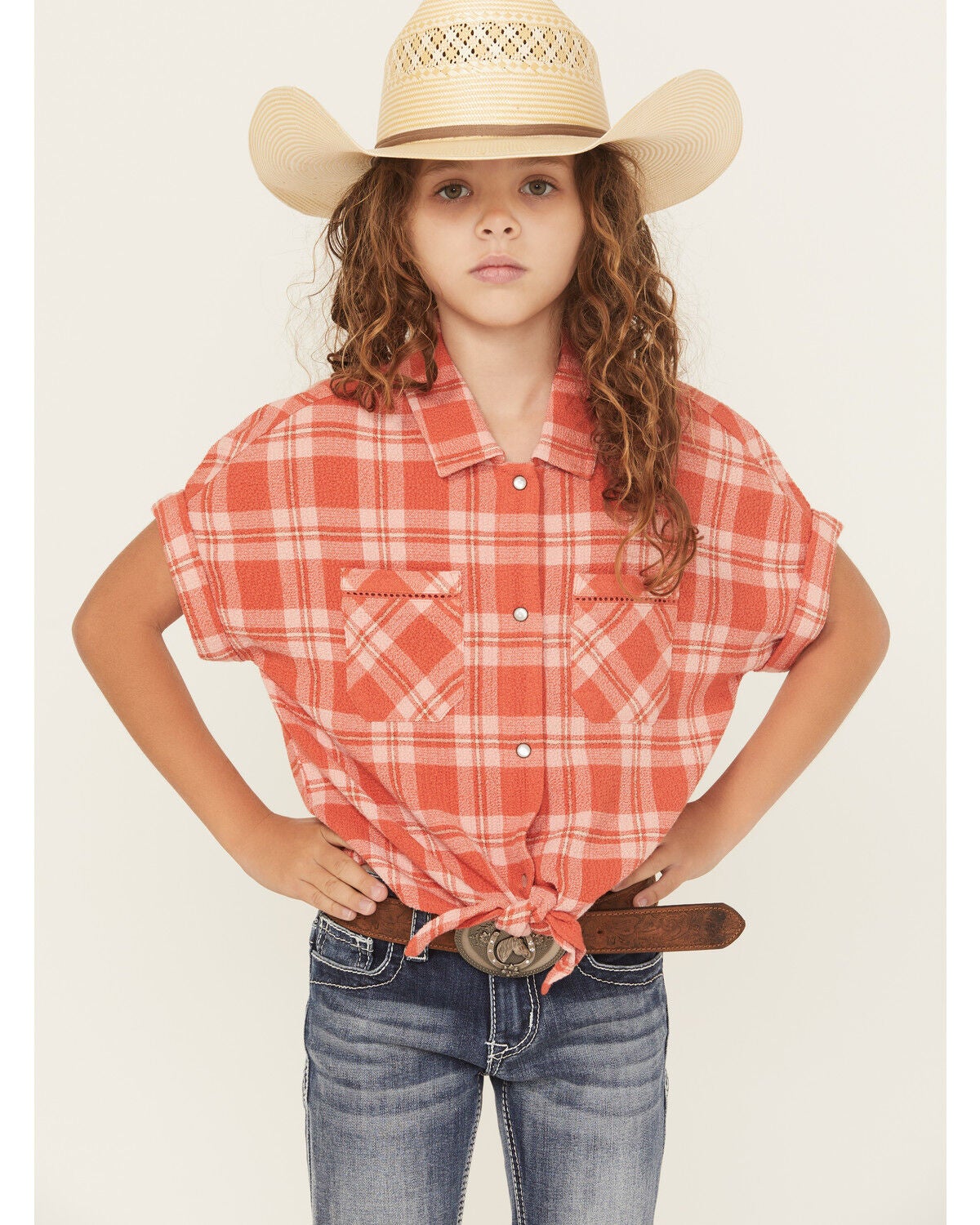 Shyanne Girls' Camp Plaid Print Short Sleeve Snap Tie-Front Shirt, Dark Pink, hi-res