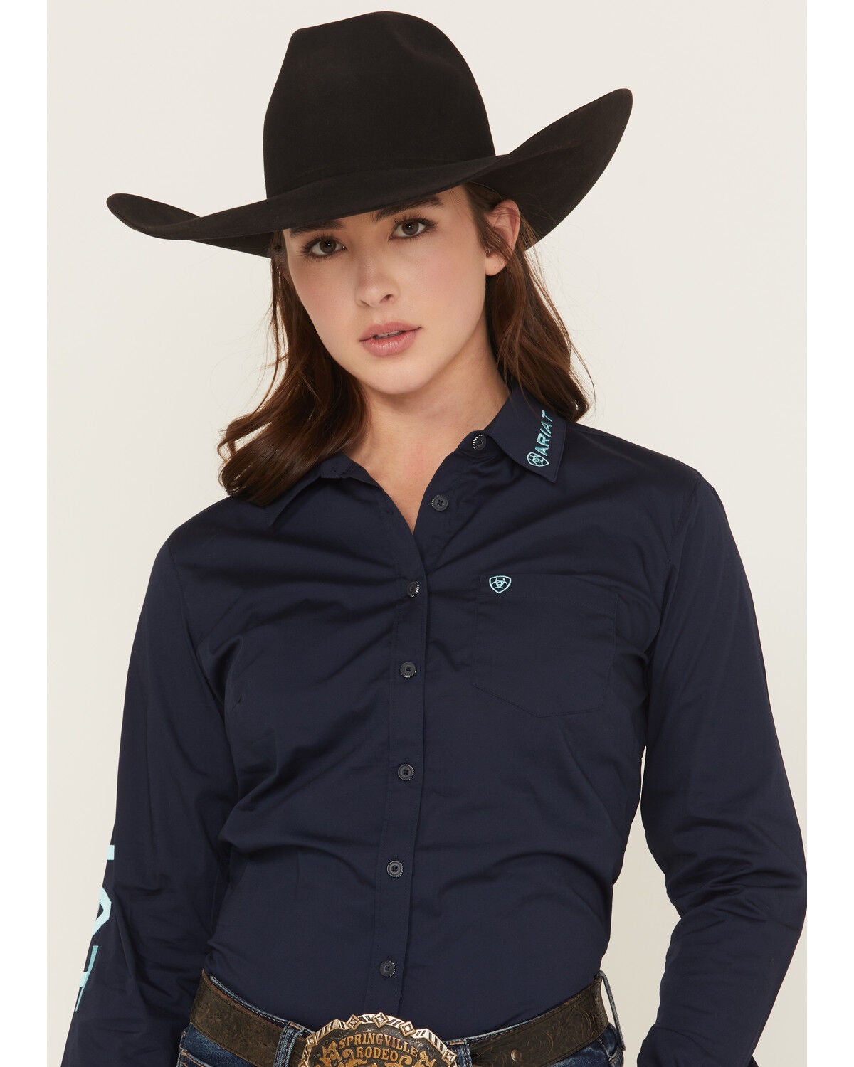 Ariat Women's Team Kirby Solid Long Sleeve Button-Down Stretch Western Shirt, Navy, hi-res