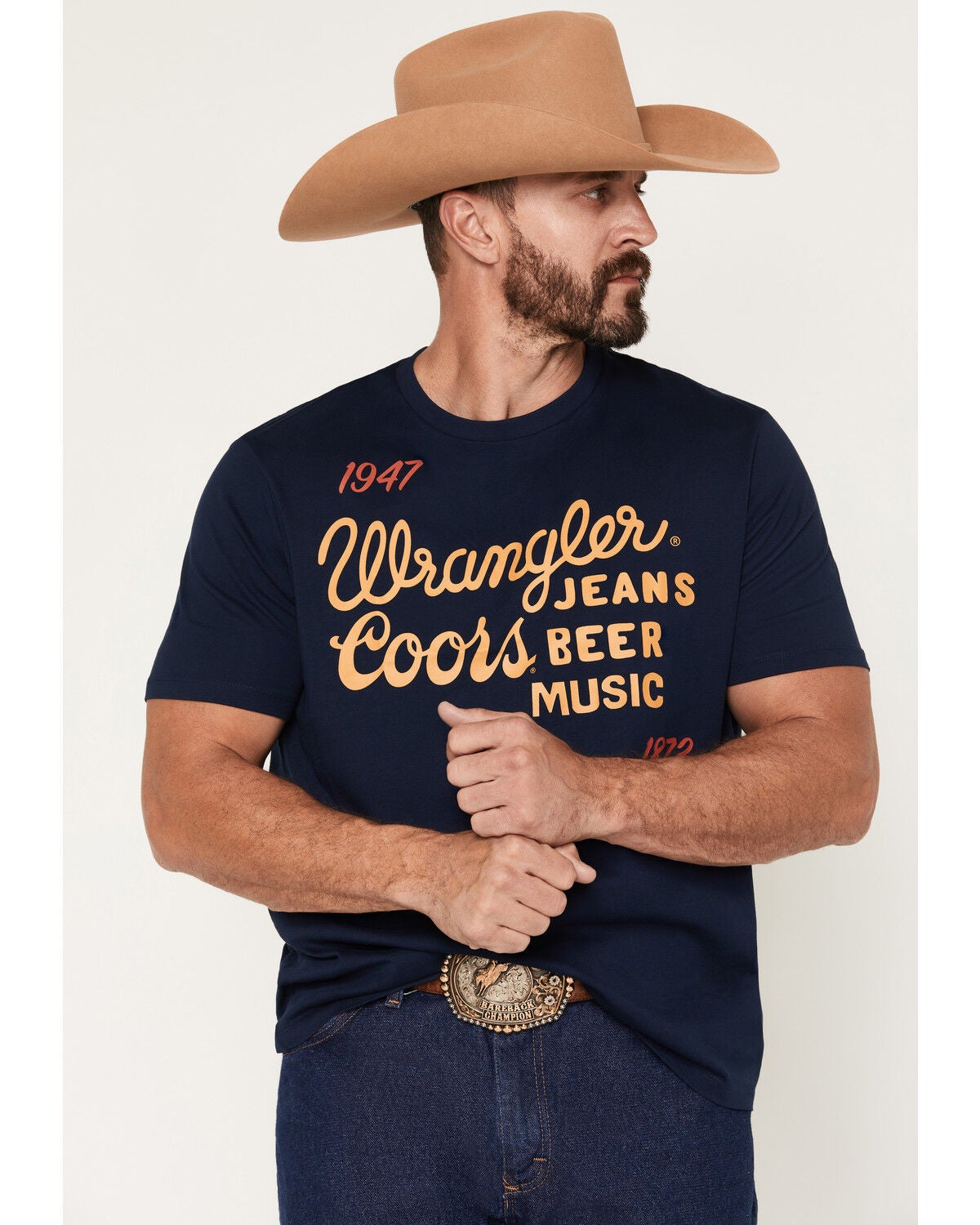 Wrangler X Coors Banquet Men's Logo Short Sleeve Graphic T-Shirt, Navy, hi-res