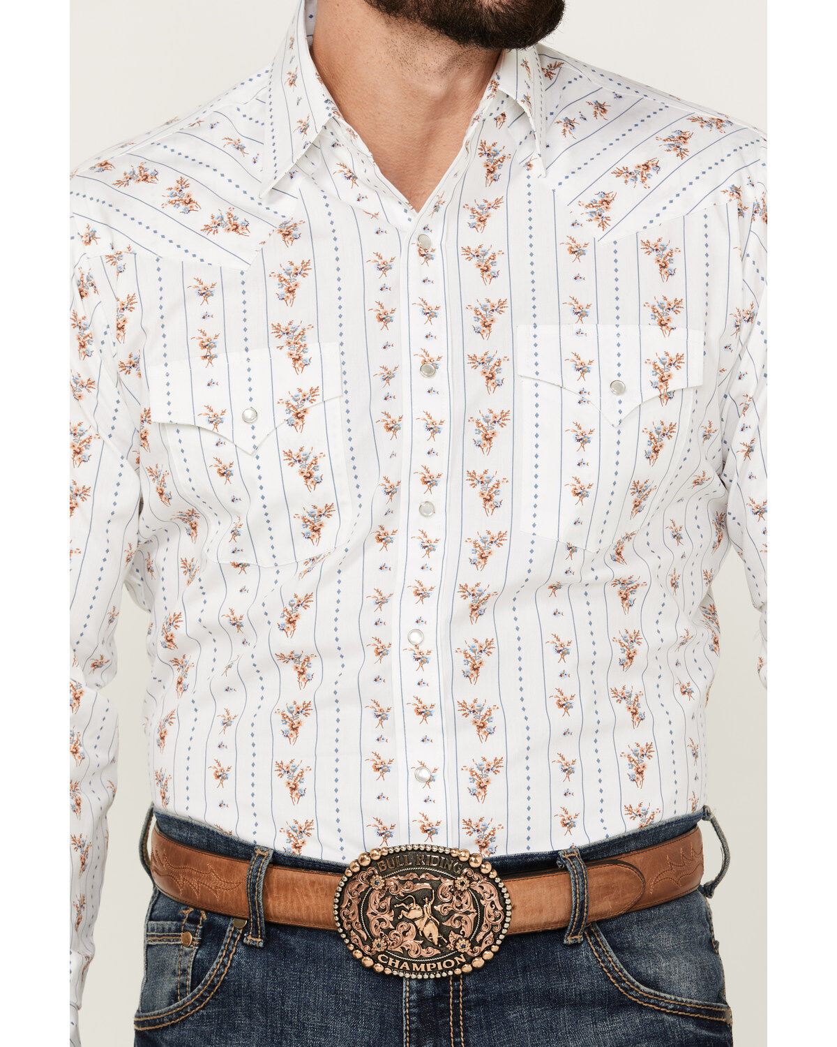 Image #3 - Ely Walker Men's Floral Striped Long Sleeve Pearl Snap Western Shirt, White, hi-res