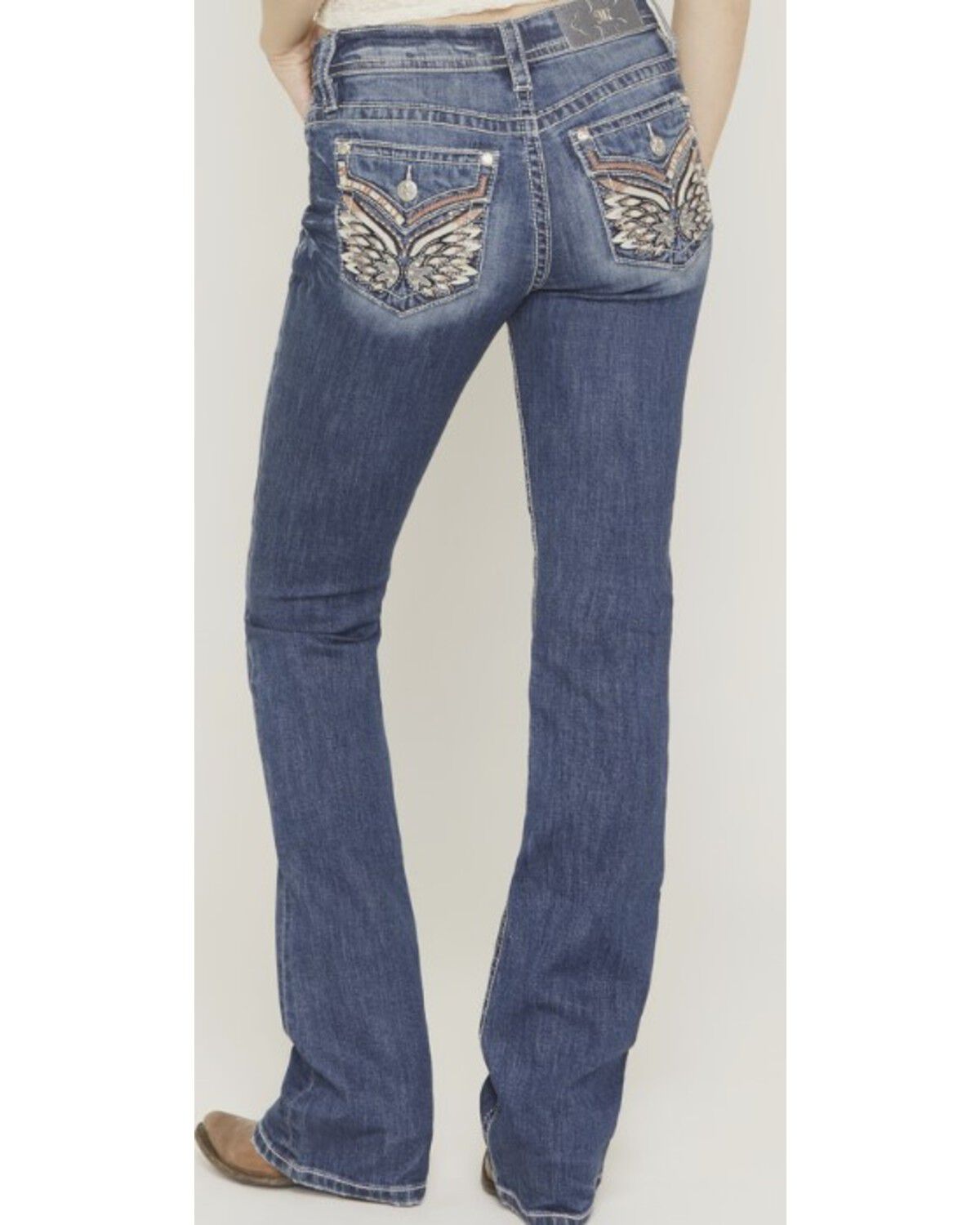 Image #1 - Miss Me Girls' Medium Wash Mid Rise Wing Pocket Bootcut Stretch Denim Jeans, Medium Wash, hi-res