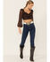 Lush Women's Lace Trim Rose Long Sleeve Crop Blouse, Black, hi-res