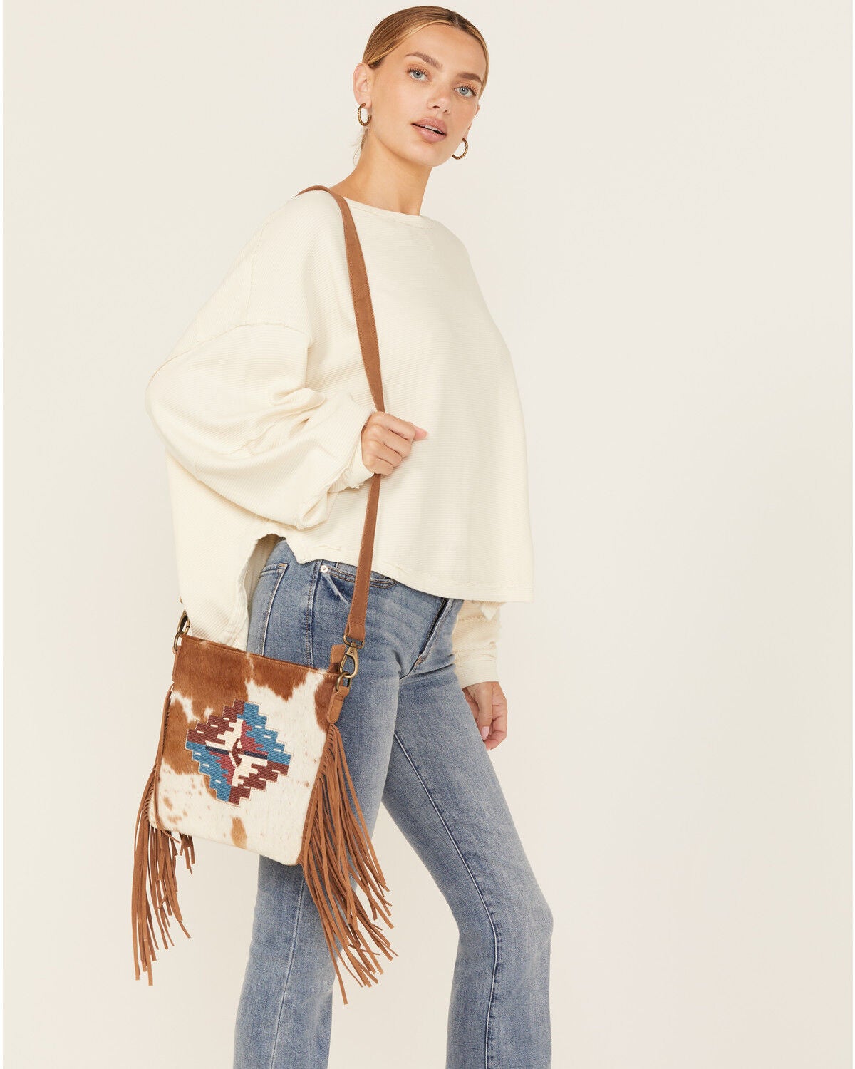 Shyanne Women's Summer Moon Hairon Southwestern Seed Bead Crossbody Bag, Brown, hi-res