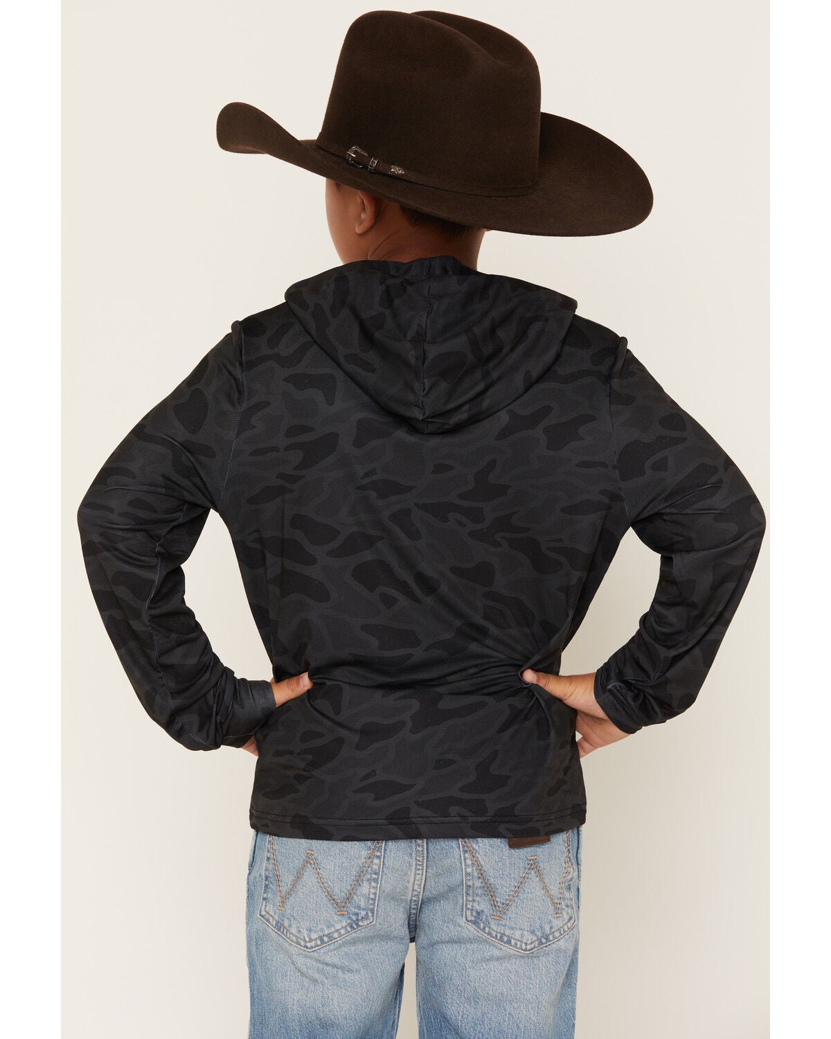 Image #4 - Burlebo Boys' Camo Print Hooded Stretch Performance Shirt, Black, hi-res