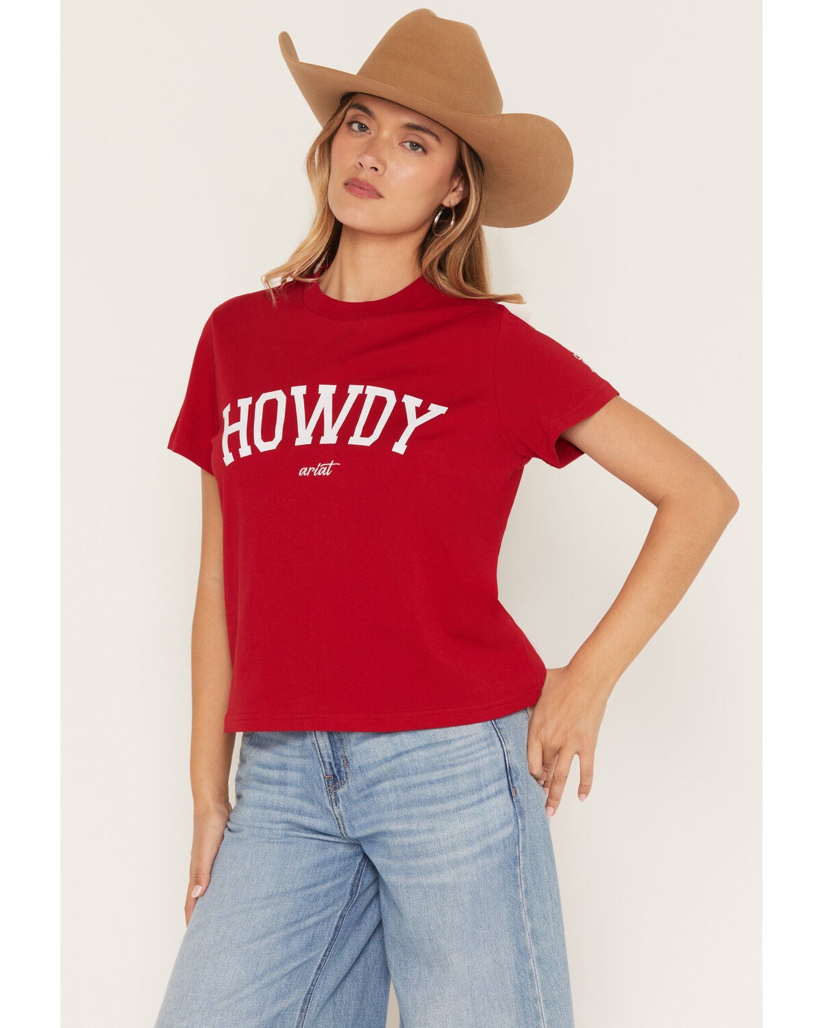 Ariat Women's Collegiate Howdy Short Sleeve Graphic Tee, Red, hi-res