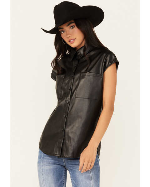 Revel Women's Faux Leather Button-Down Cap Sleeve Top , Black, hi-res