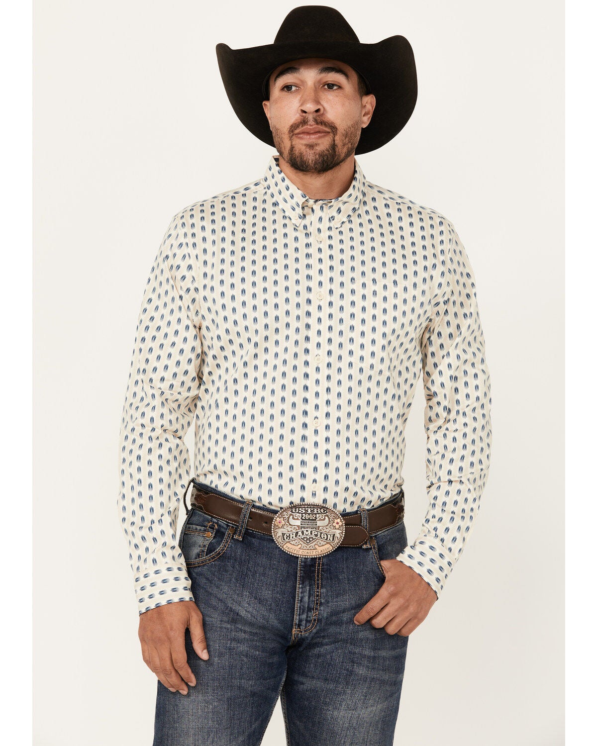 Cody James Men's Gunsmoke Striped Print Long Sleeve Button-Down Stretch Western Shirt, Ivory, hi-res