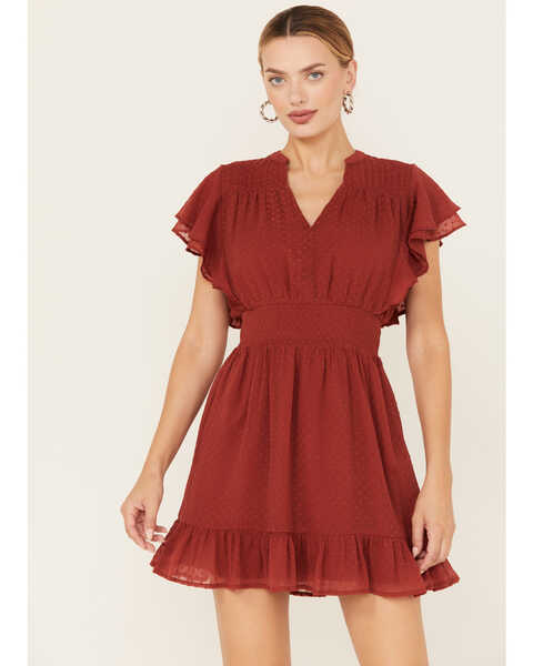 Billa77 Women's Swiss Dot McKinley Short Sleeve Midi Dress , Brick Red, hi-res