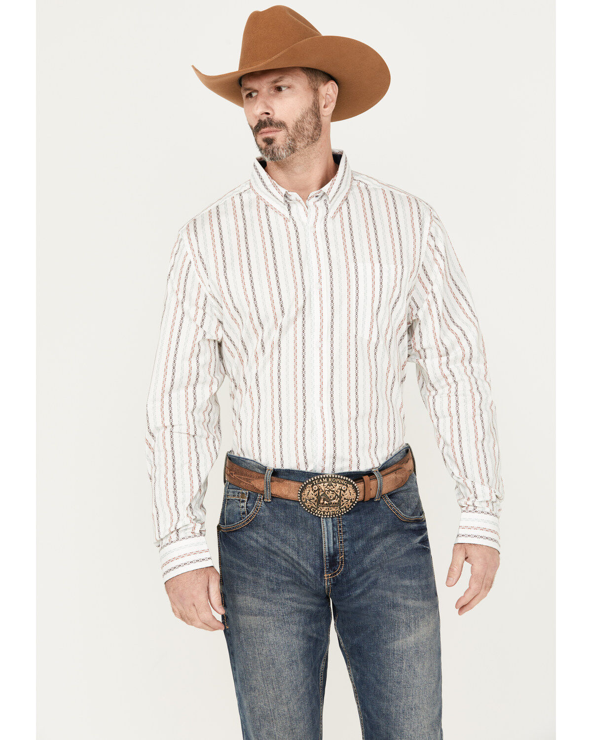 Image #1 - RANK 45® Men's Stormy Southwestern Striped Print Long Sleeve Button-Down Stretch Western Shirt, Gold, hi-res