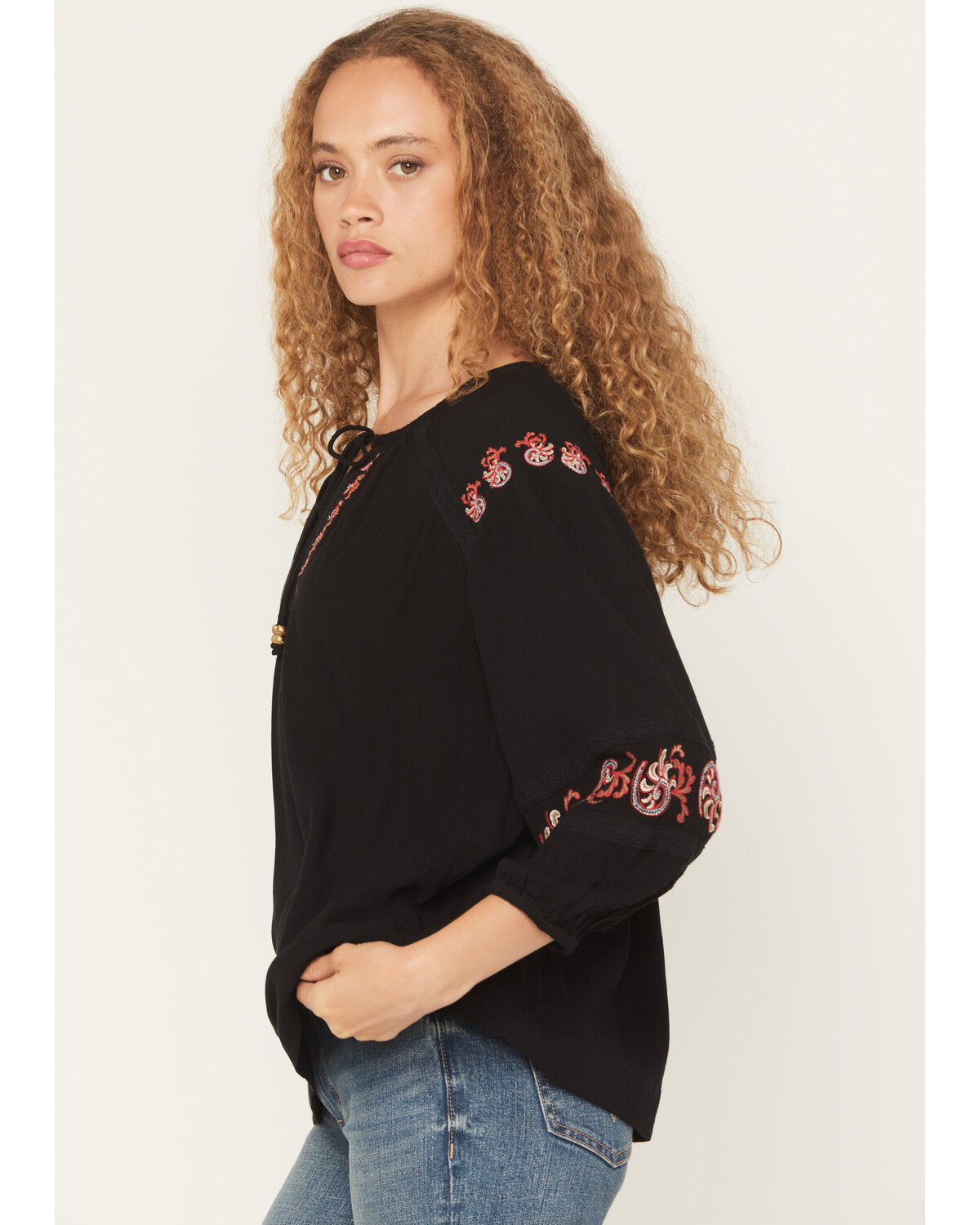 Image #2 - Shyanne Women's Gulch 3/4 Sleeve Embroidered Peasant Top, Black, hi-res