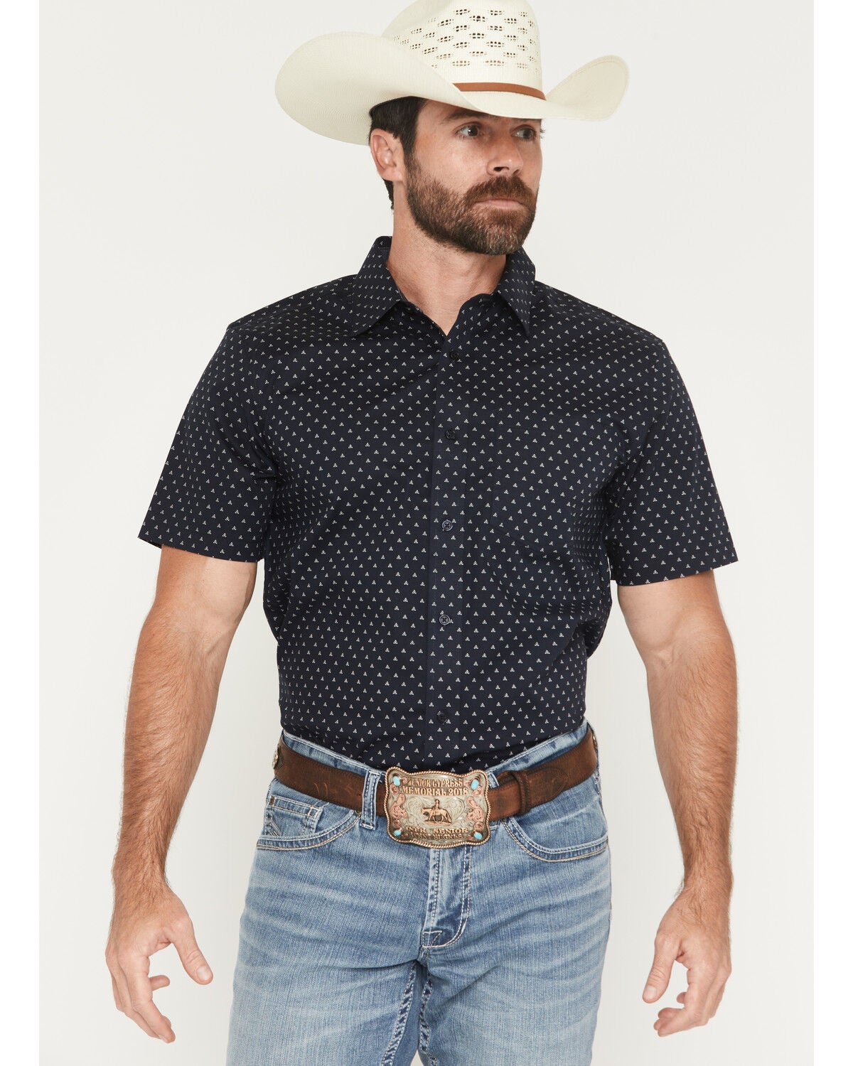 Cody James Men's Barrel Rider Geo Print Short Sleeve Button-Down Stretch Western Shirt, Navy, hi-res