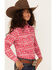 Panhandle Girls' Striped Feather Print Long Sleeve Snap Western Shirt, Pink, hi-res