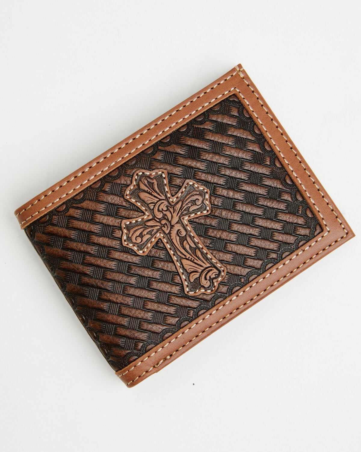 Cody James Men's Wells Basketweave Cross Leather Bifold Wallet, Brown, hi-res