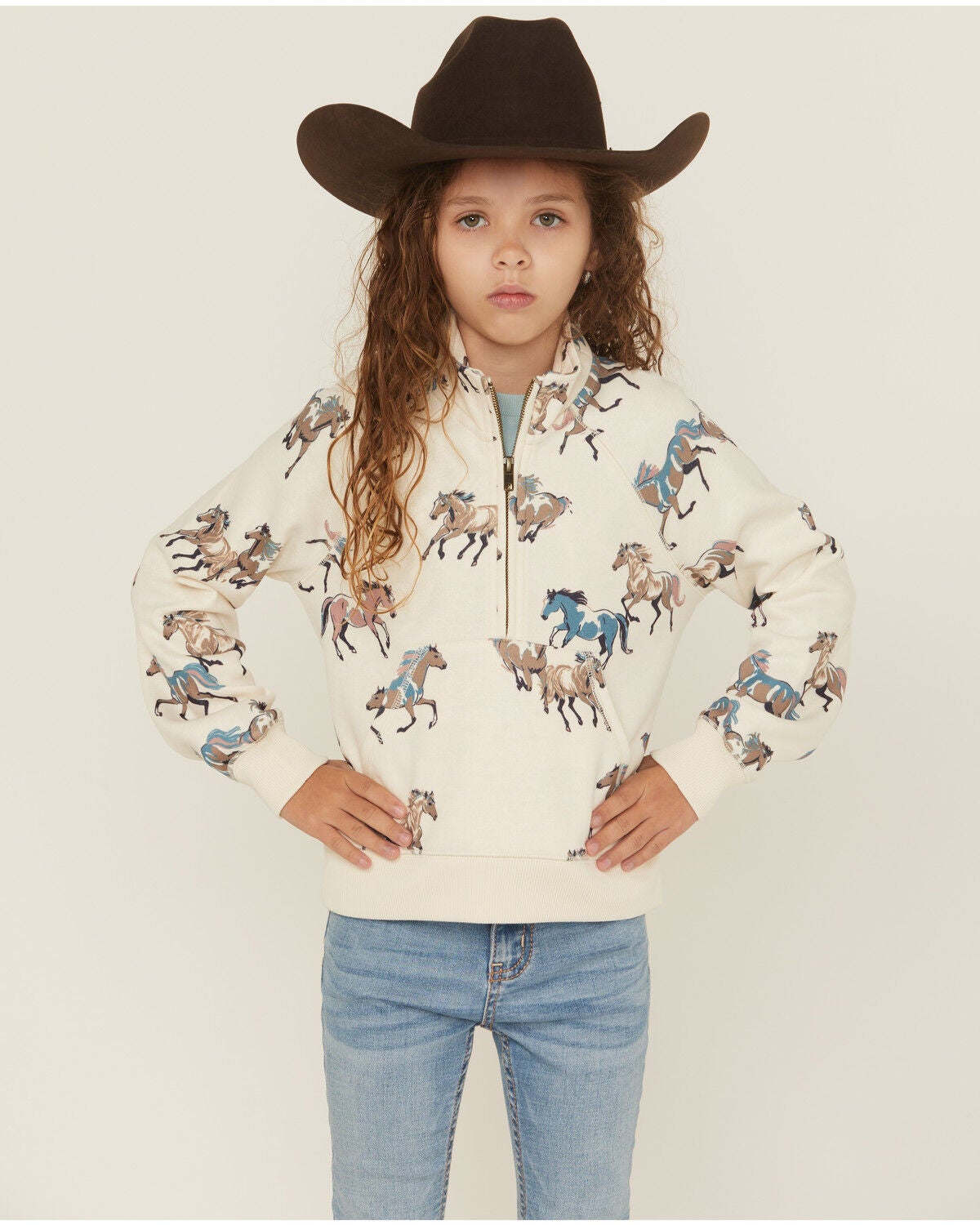 Shyanne Girls' Horse Print Half Zip Pullover, Cream, hi-res