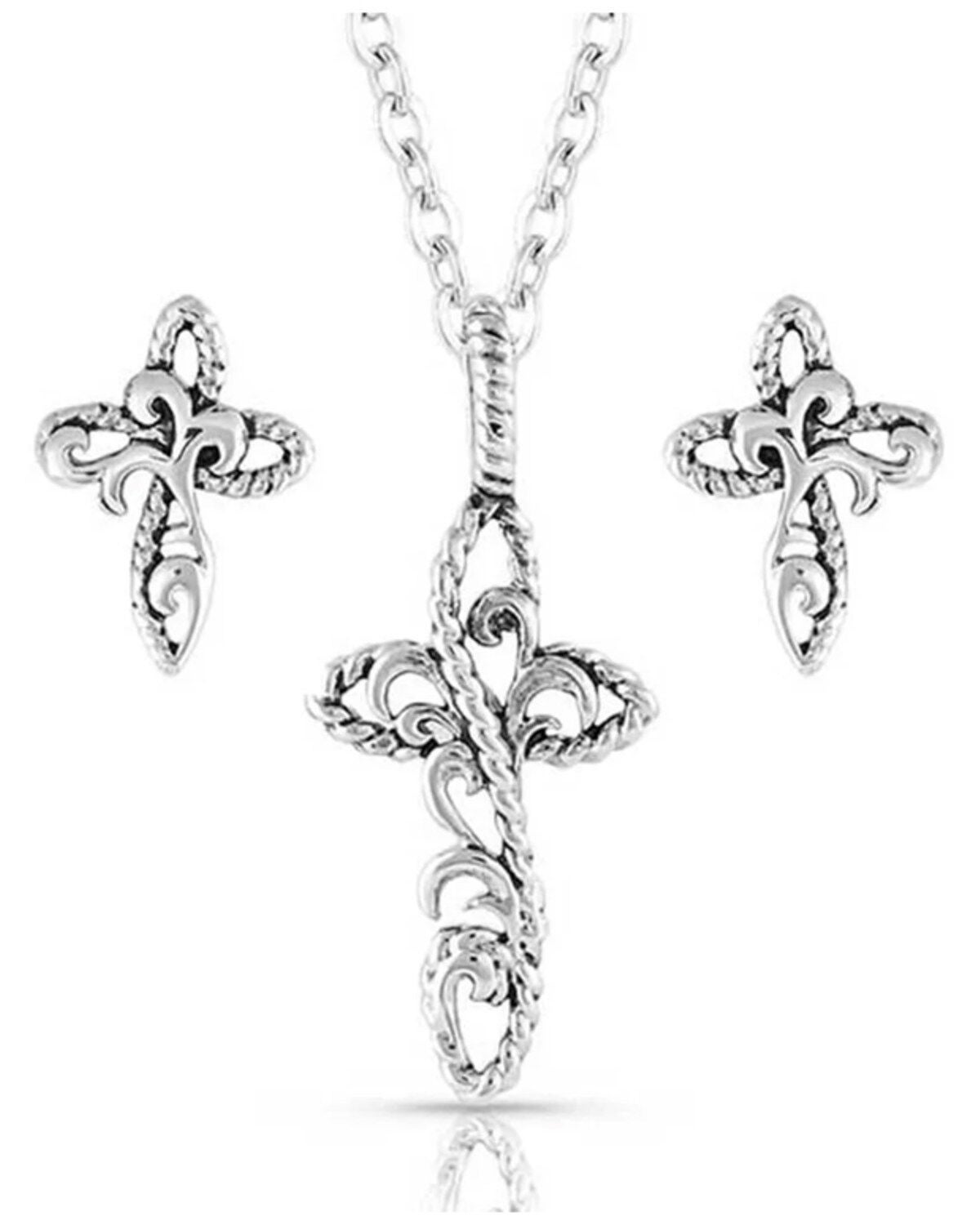 Montana Silversmiths Women's Hold Steady Faith Cross Jewelry Set - 2 Piece, Silver, hi-res