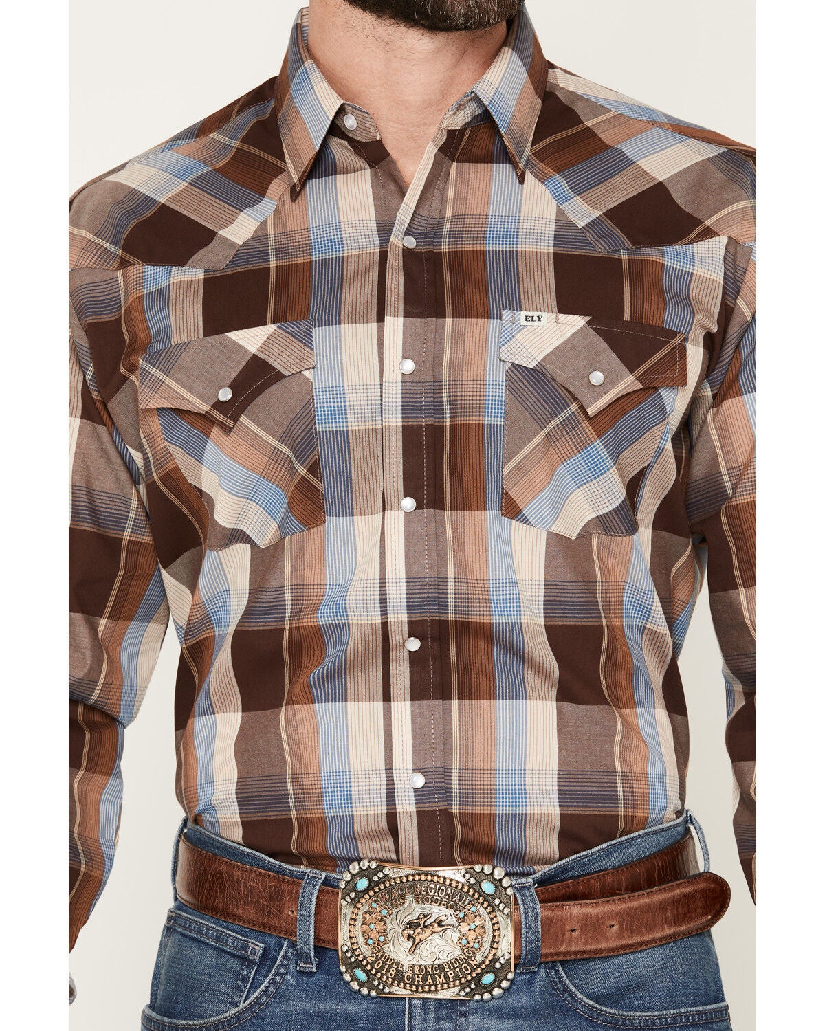 Image #3 - Ely Walker Men's Plaid Print Long Sleeve Pearl Snap Western Shirt, Chocolate, hi-res