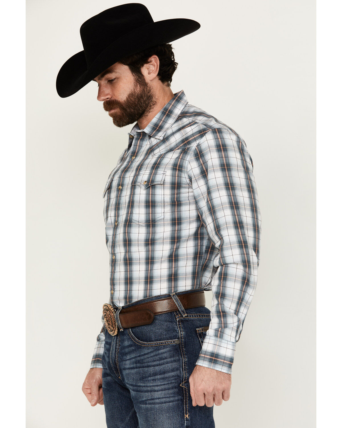 Image #2 - Wrangler Retro Men's Premium Plaid Print Long Sleeve Snap Western Shirt, Blue, hi-res