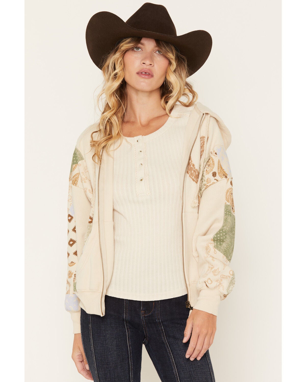 Blended Women's Mixed Print Zip Hoodie, Tan, hi-res